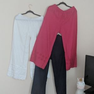 A set of 3 Palazzo pants. White, pink and blue